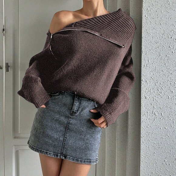 Brown Casual Women's Zipper Front Cardigan Sweater - Picture 3 of 5